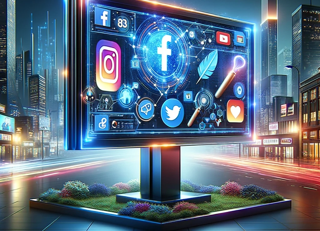 DALL·E-2023-12-27-13.14.58-A-modern-sleek-website-design-showcasing-digital-marketing-services.-The-image-includes-a-large-interactive-digital-billboard-displaying-various-soc